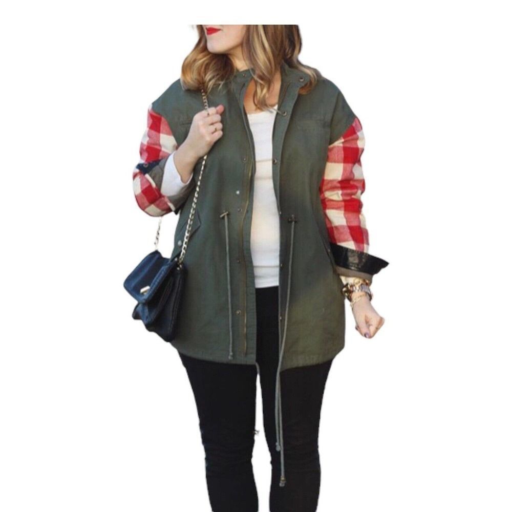 8787 LESHOP JACKET UTILITY FAUX LEATHER PLAID FLANNEL ZIP SNAP BUTTON SZ LARGE